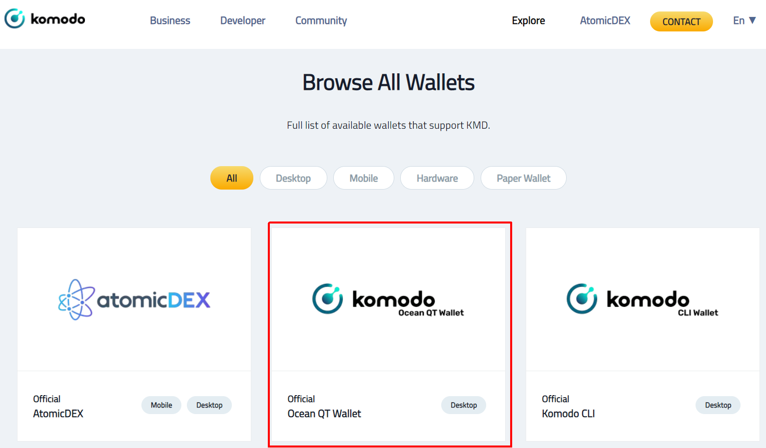 Ocean Qt Wallet в разделе Wallets на KomodoPlatform